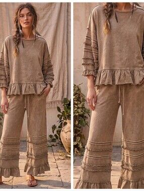 Wide Leg Ruffle Hem Top & Pant Set  - Mineral Wash Brown